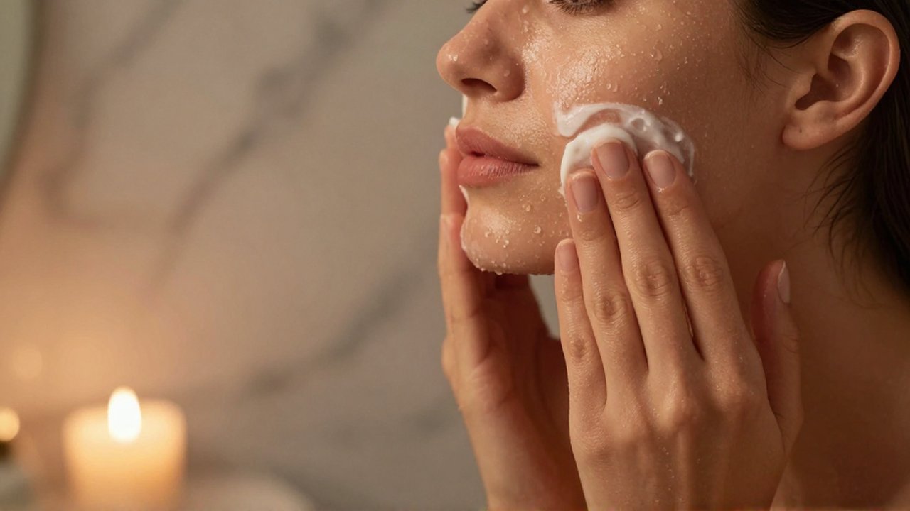 Mujer con piel hidratada masajeando suavemente un limpiador facial cremoso en un baño elegante.