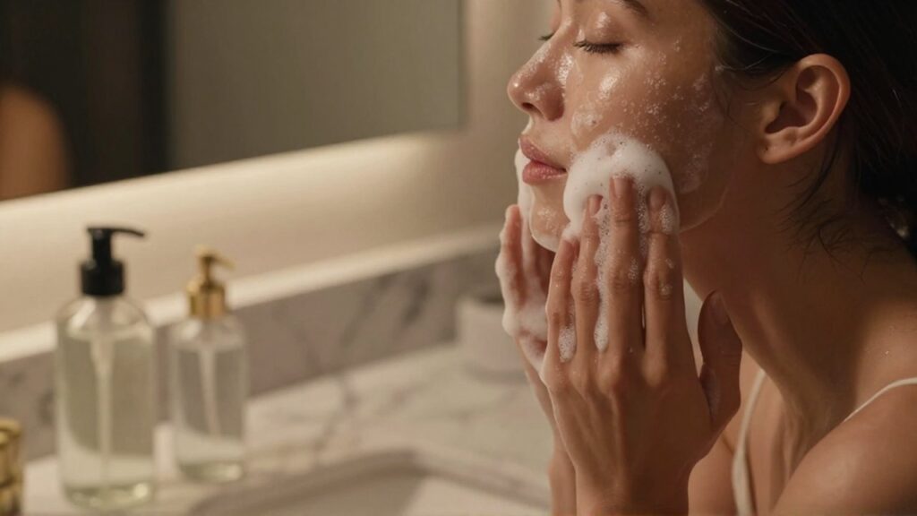 Mujer aplicándose espuma limpiadora en el rostro con productos de cuidado facial sobre mármol.