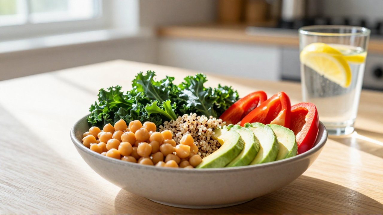Un bol de Buddha con quinoa, aguacate, garbanzos y pimientos sobre una mesa de madera.