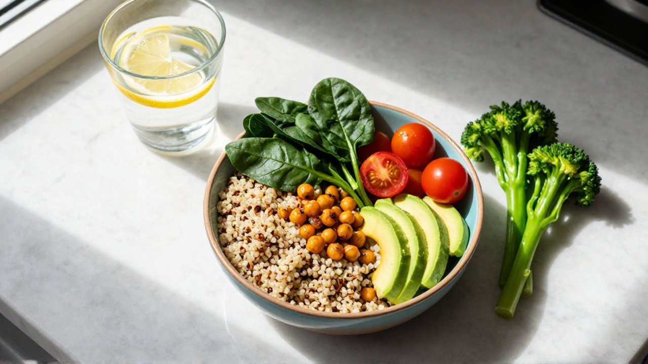 Bol de quinoa con garbanzos, aguacate y vegetales frescos sobre una encimera de mármol.