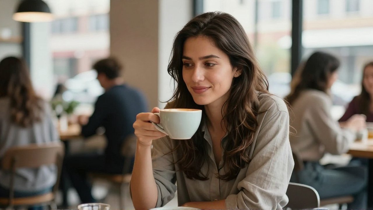 Mujer joven con una taza de café escucha con atención en una cafetería concurrida.