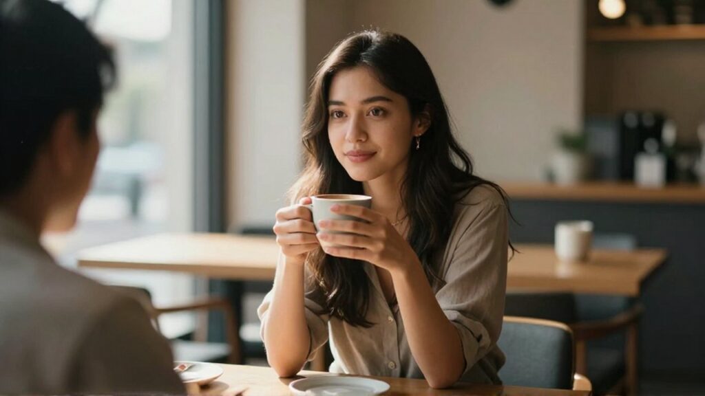 Mujer joven sentada en una cafetería acogedora escuchando con atención mientras sostiene una taza de cerámica.