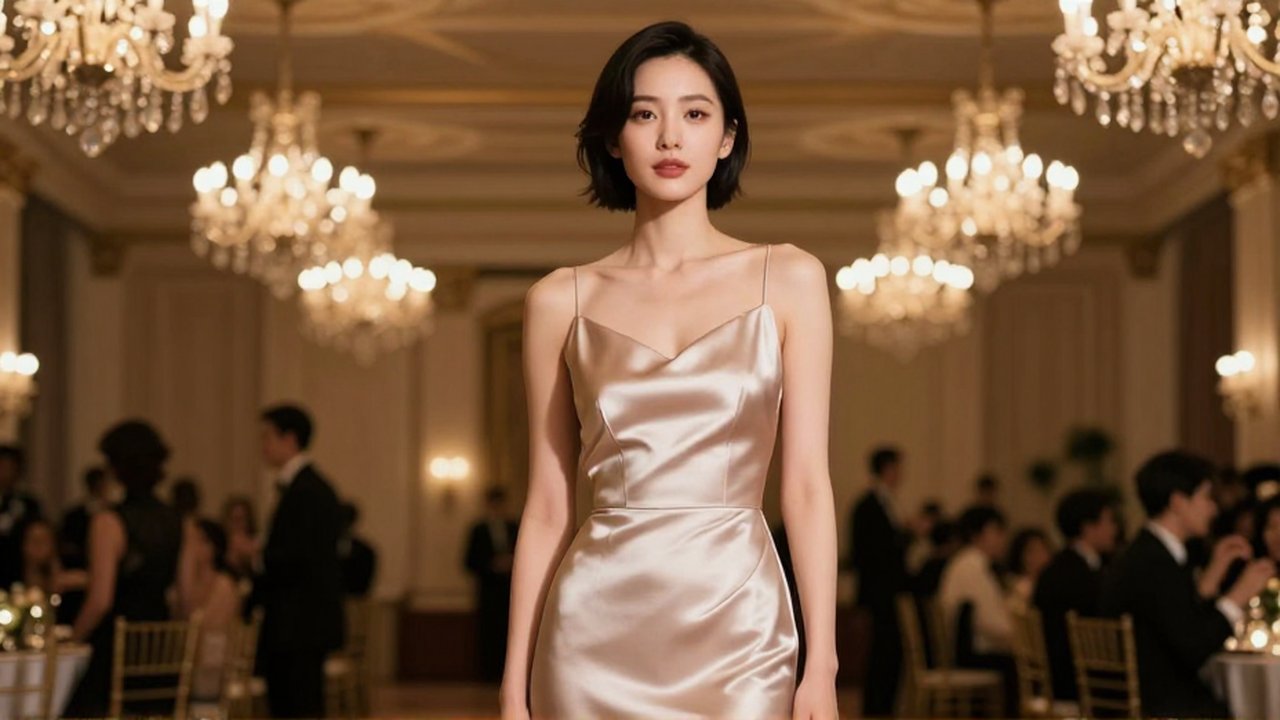 Mujer elegante con vestido de seda posando con serenidad en un lujoso salón de baile.