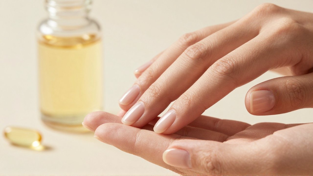 Manos cuidadas con uñas naturales brillantes junto a un frasco de cápsulas de omega-3.