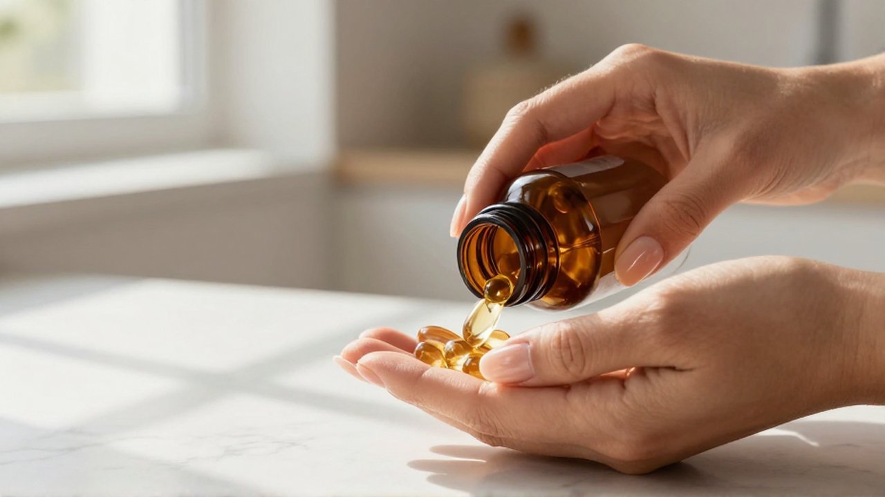 Manos cuidadas sosteniendo un frasco de vidrio ámbar con cápsulas doradas de omega-3 sobre mármol.