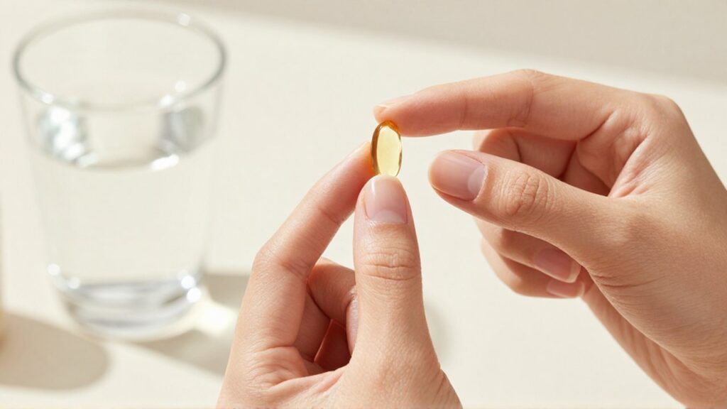 Manos cuidadas sostienen una cápsula dorada de omega-3 frente a un vaso de agua.