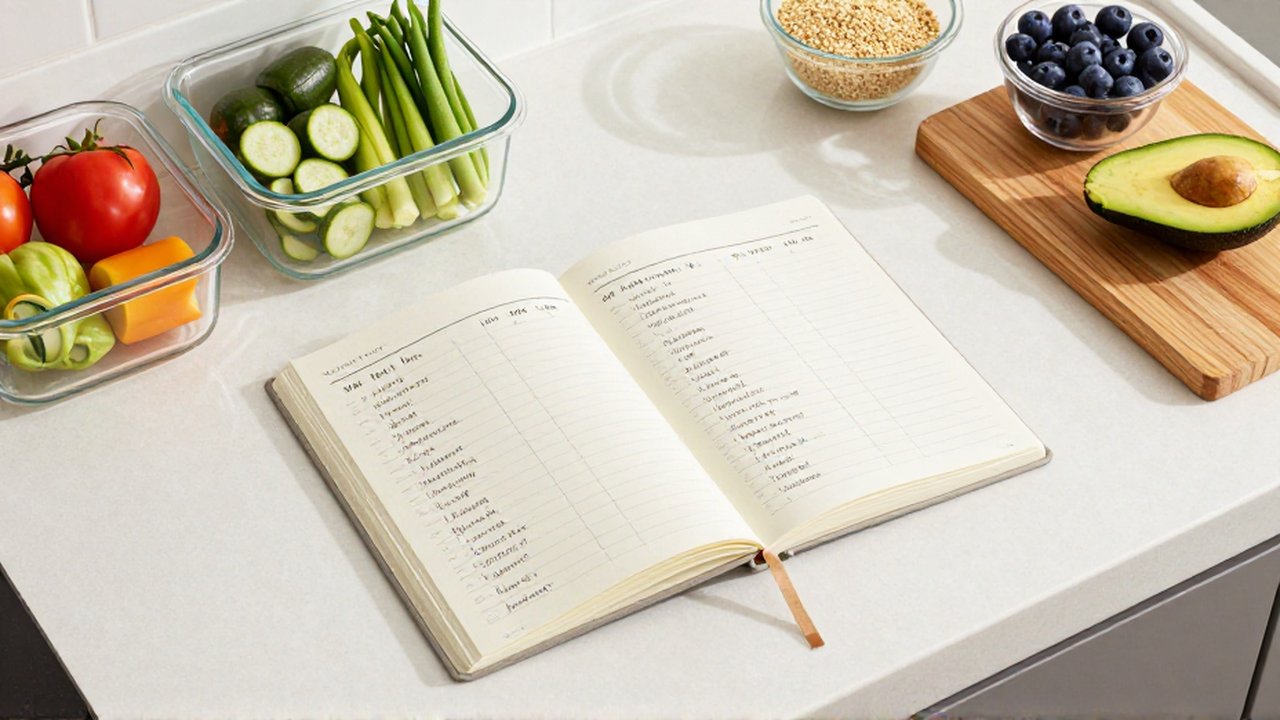 Cuaderno abierto con un menú semanal rodeado de verduras frescas y quinoa en una cocina iluminada.