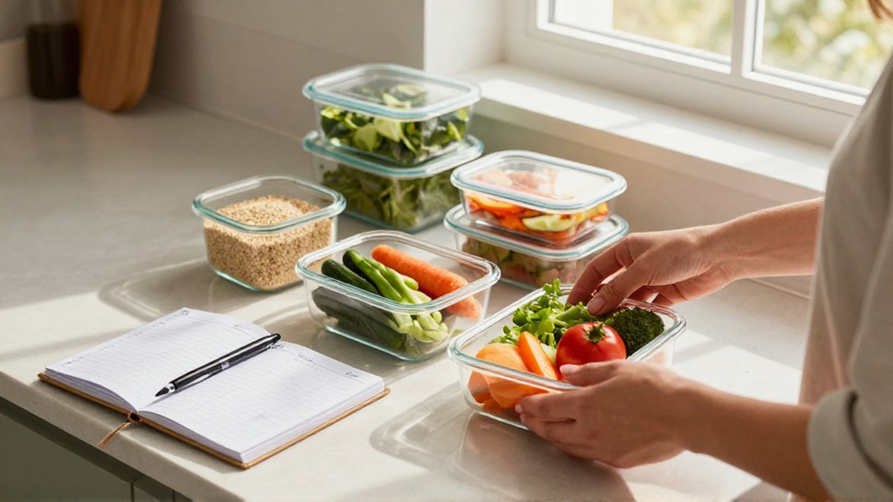 Manos de mujer organizando vegetales frescos y recipientes de comida junto a un planificador semanal.