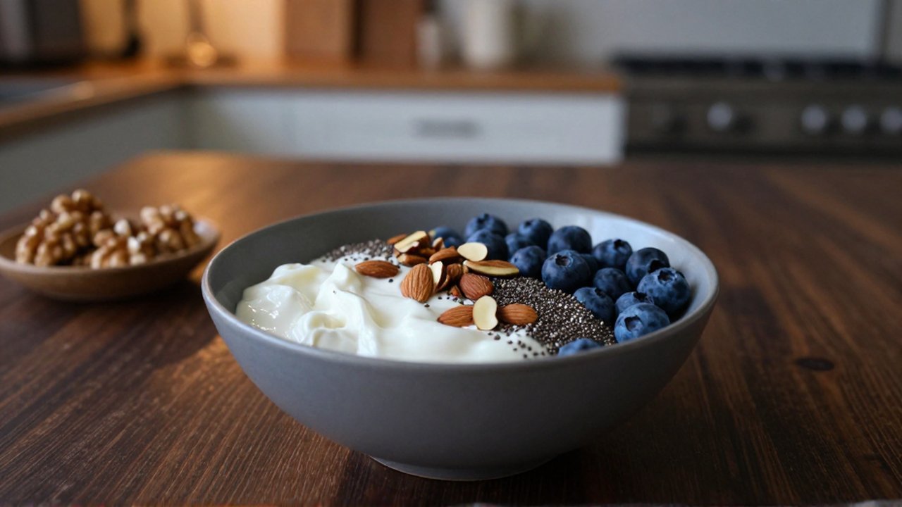 Bol de yogur griego con arándanos, almendras y semillas de chía sobre una mesa de madera.