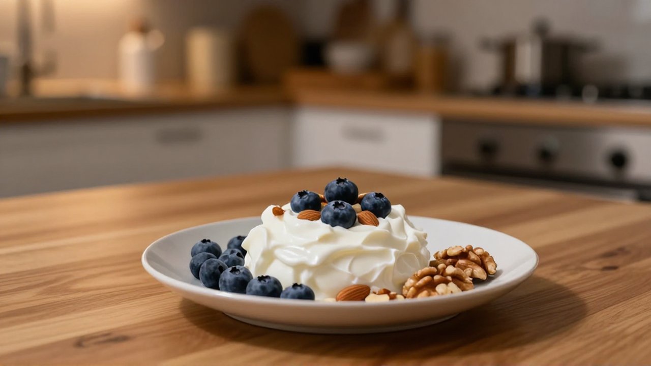 Cuenco de yogur griego con arándanos y almendras junto a nueces sobre una mesa de madera.