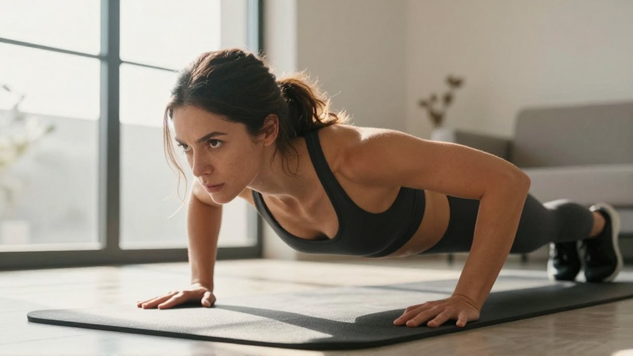 Mujer atlética realizando flexiones con determinación en un gimnasio iluminado por la luz solar.