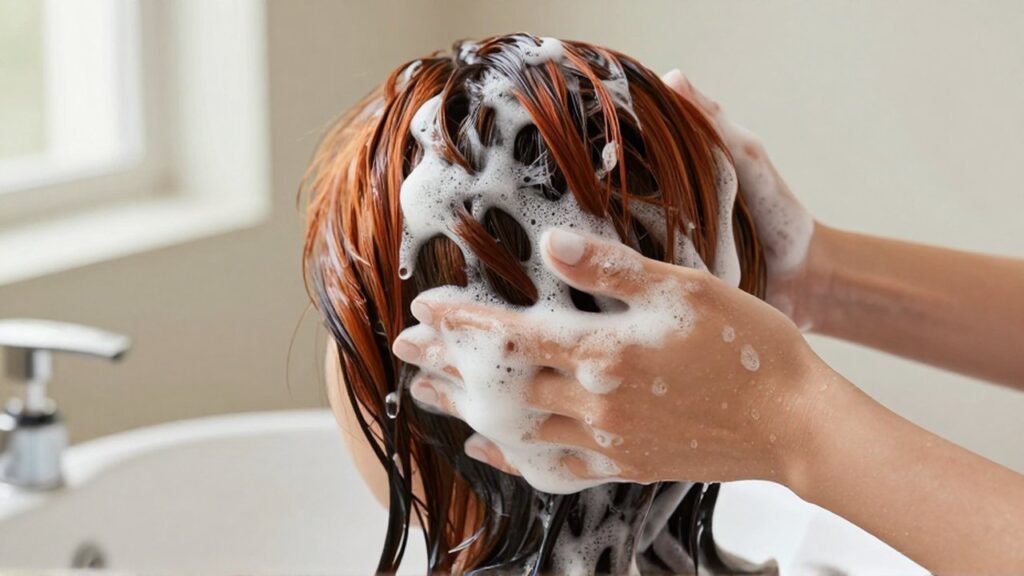 Manos masajeando champú cremoso sobre el cabello colorido de una mujer durante el lavado.
