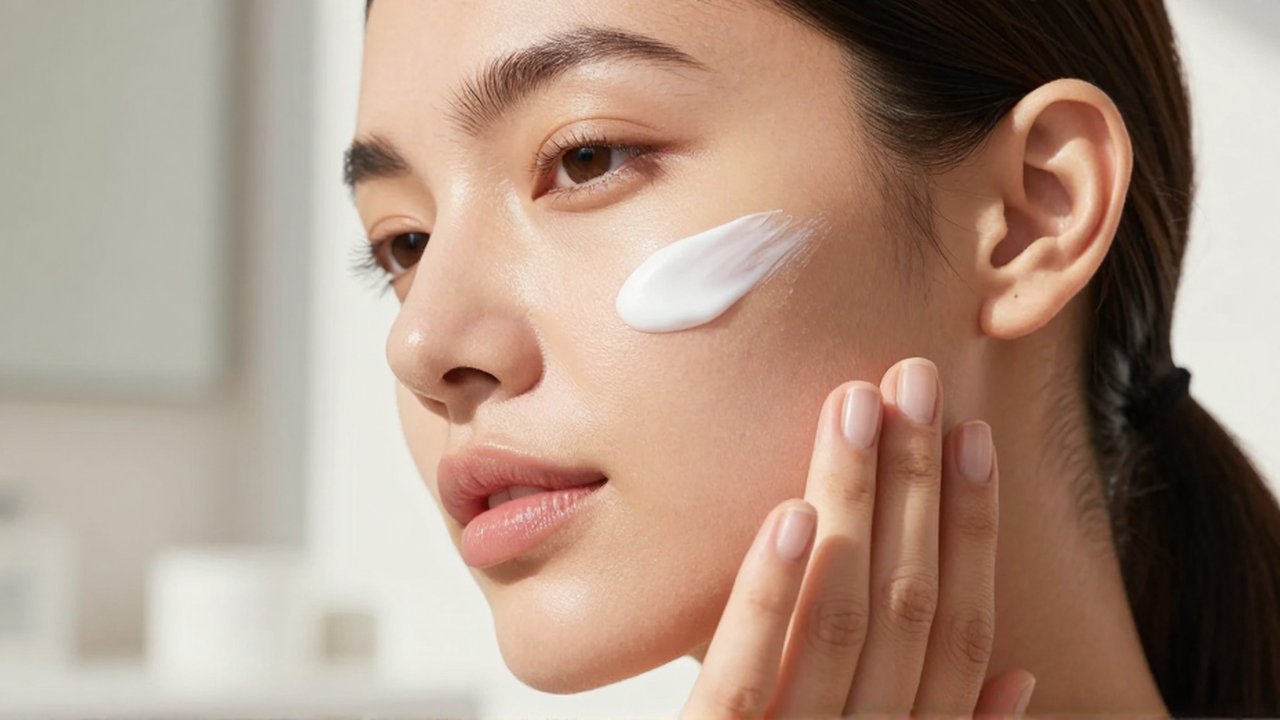 Mujer con piel radiante aplicando una crema solar blanca sobre su mejilla bajo la luz del sol.