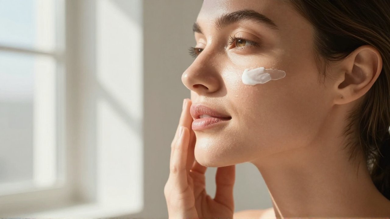 Mujer con piel radiante aplicándose protector solar en el rostro bajo la luz del sol.