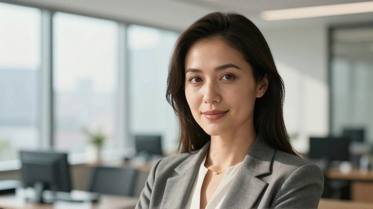 Mujer profesional con vestimenta elegante sonríe en una oficina moderna y luminosa.