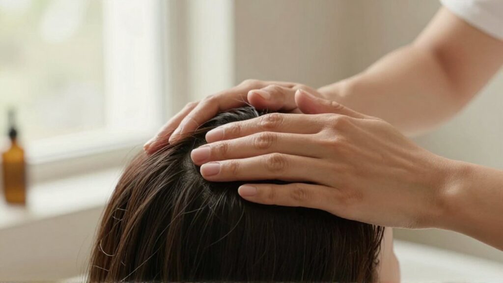 Manos realizando un suave masaje capilar sobre un cabello sano y abundante.