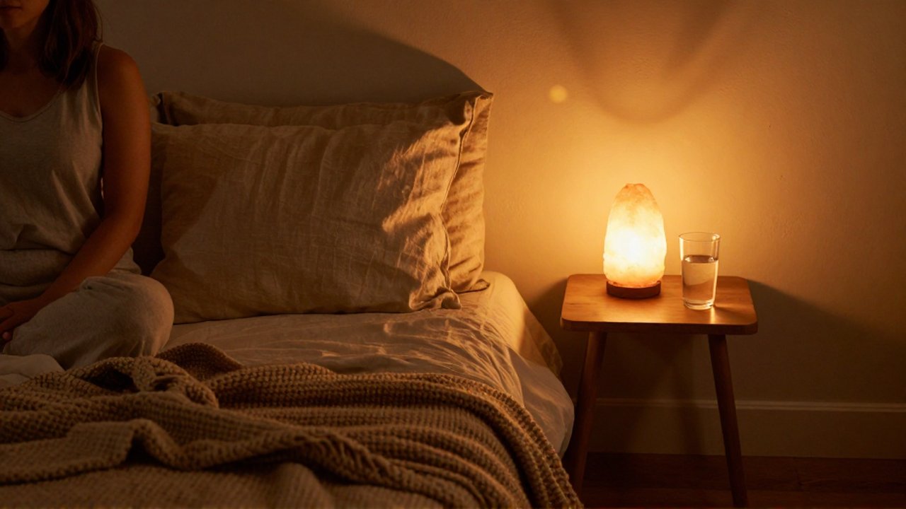 Mujer relajándose en una cama cómoda con luz tenue de lámpara de sal al atardecer.