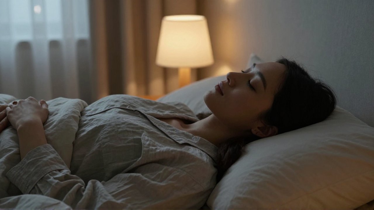 Mujer relajada durmiendo plácidamente en una cama con ropa de lino y luz tenue.
