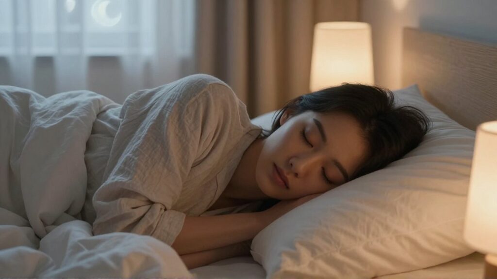 Mujer con expresión serena descansando plácidamente sobre una almohada blanca en un dormitorio acogedor.