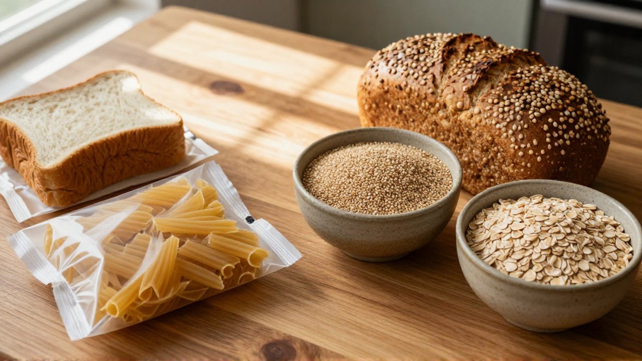 Mesa de madera dividida entre alimentos procesados blancos y granos integrales en cuencos rústicos.