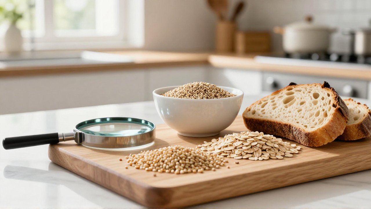 Variedad de granos integrales, avena y pan de masa madre sobre una tabla de madera.