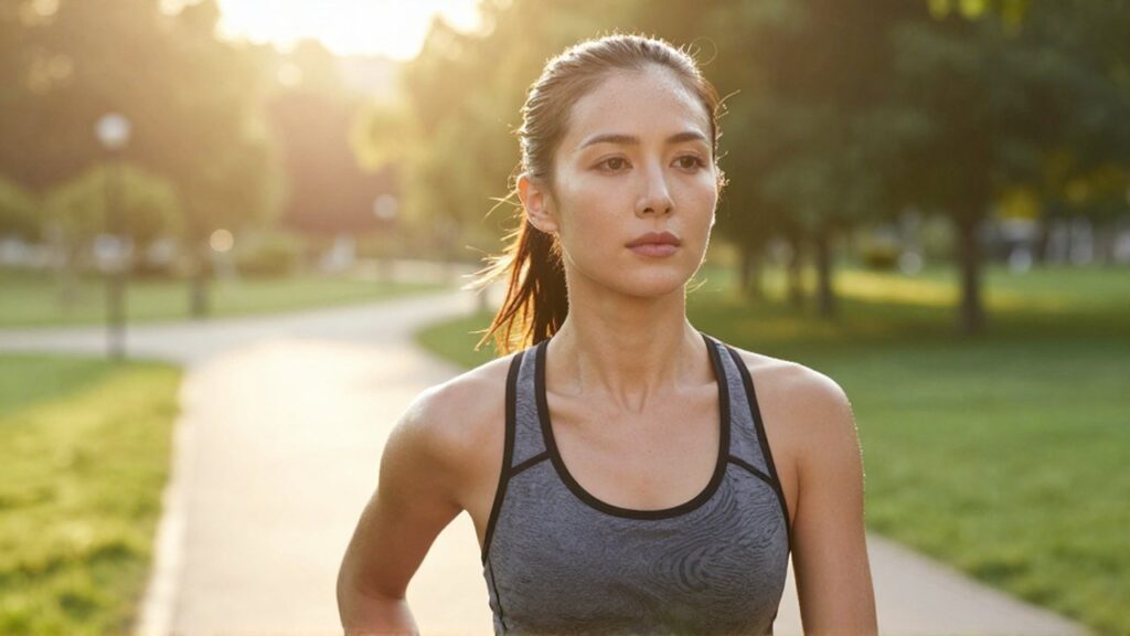 Mujer con ropa deportiva mira el horizonte con determinación en un parque al amanecer.