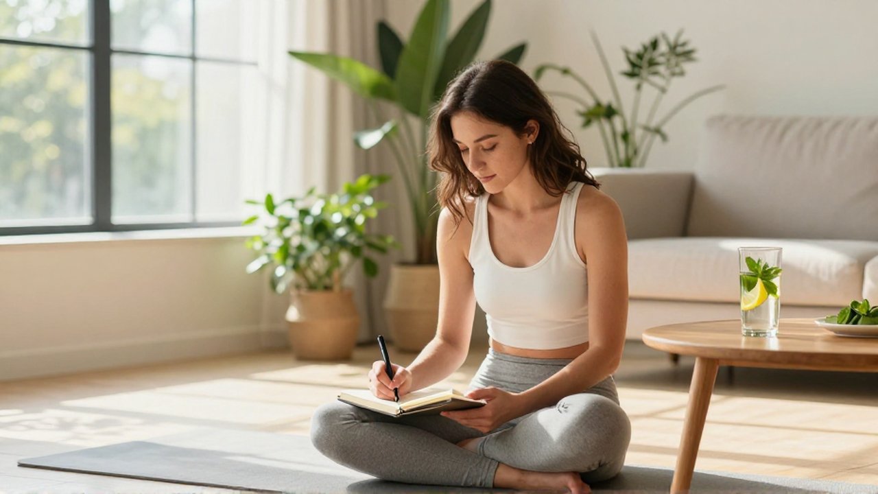 Mujer joven escribiendo tranquilamente en un diario sobre una esterilla de yoga en un salón luminoso.