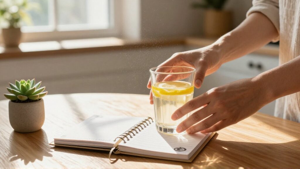 Manos preparando un vaso de agua con limón junto a una agenda y una suculenta bajo la luz del sol.