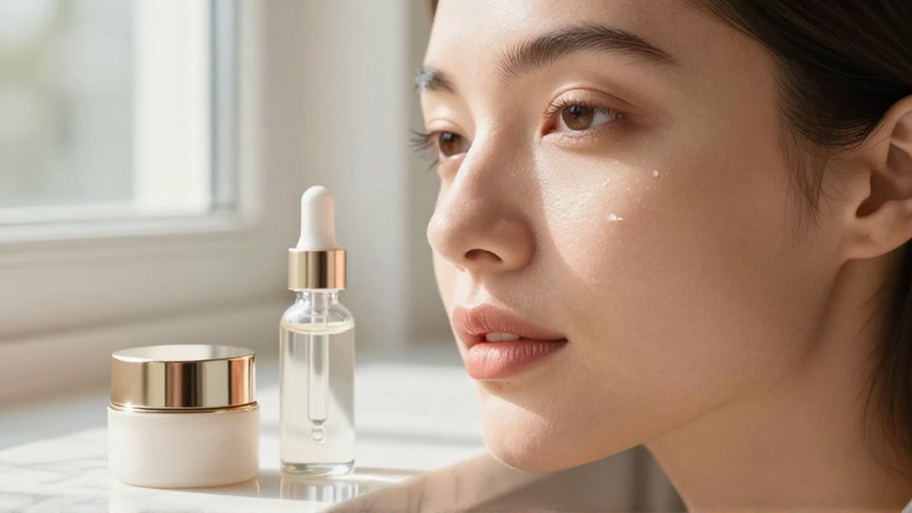 Retrato de una mujer de piel radiante junto a un serum y crema sobre un tocador de mármol.