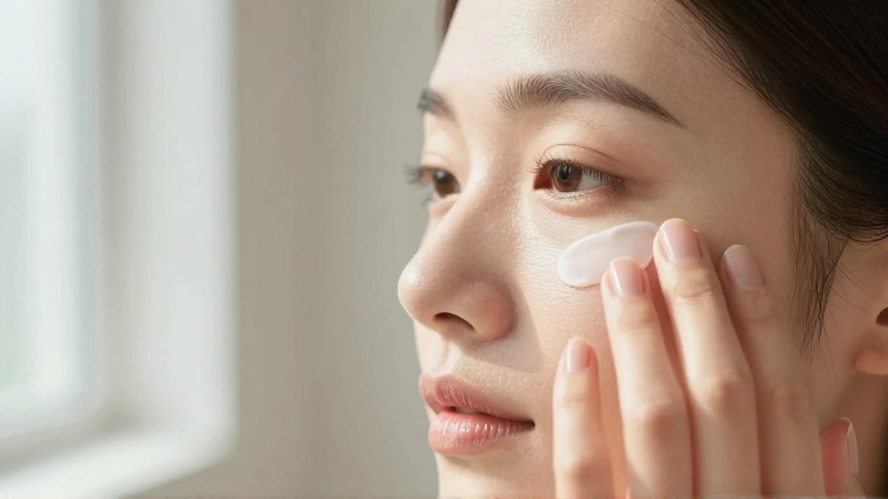Mujer aplicada crema de ojos con el dedo anular en un ambiente luminoso y sereno.