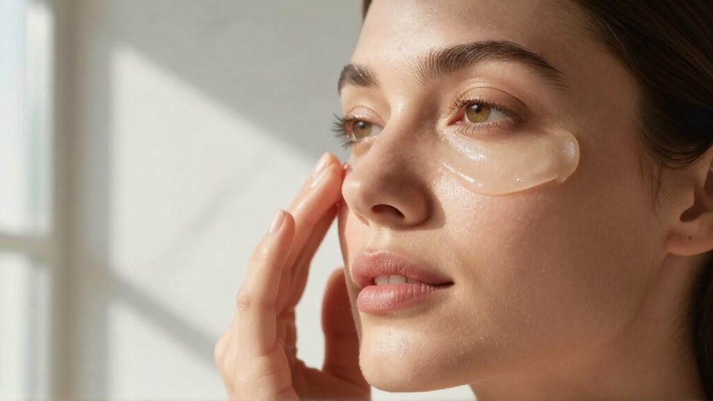 Mujer serena aplicándose un gel hidratante en el contorno de los ojos en un entorno luminoso.