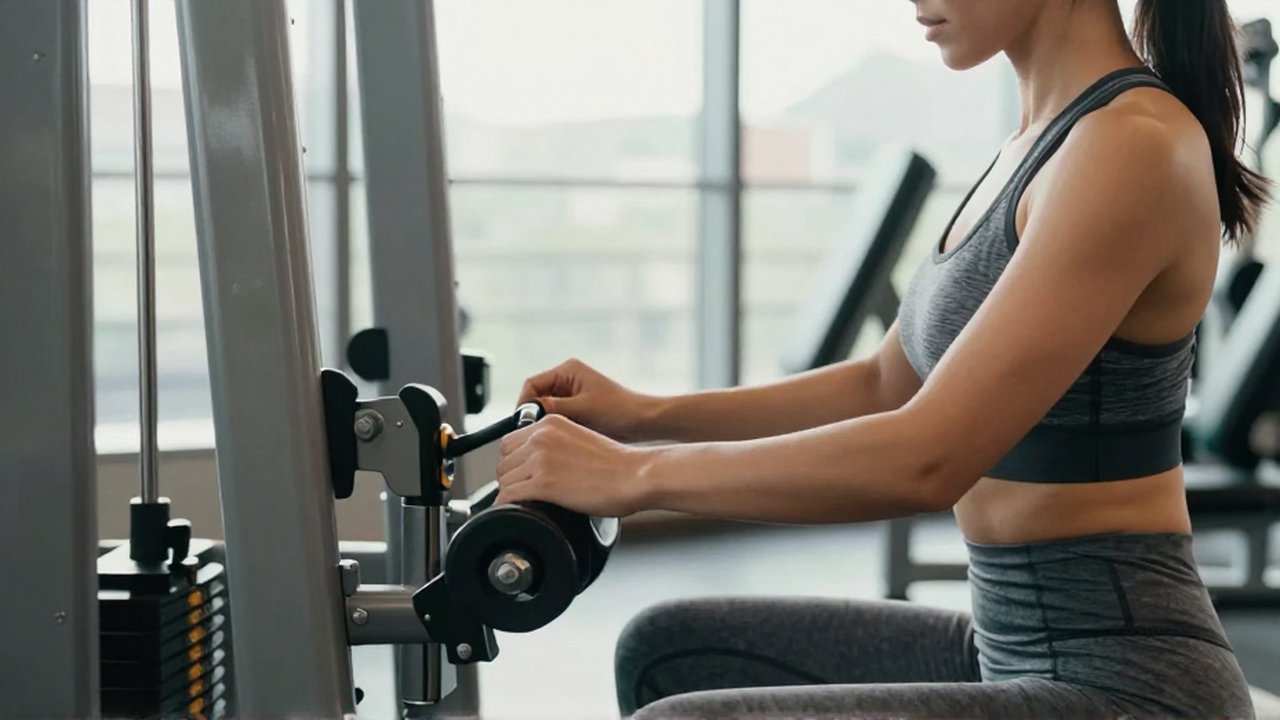 Mujer con ropa deportiva ajustando el pasador de una máquina de pesas en un gimnasio luminoso.