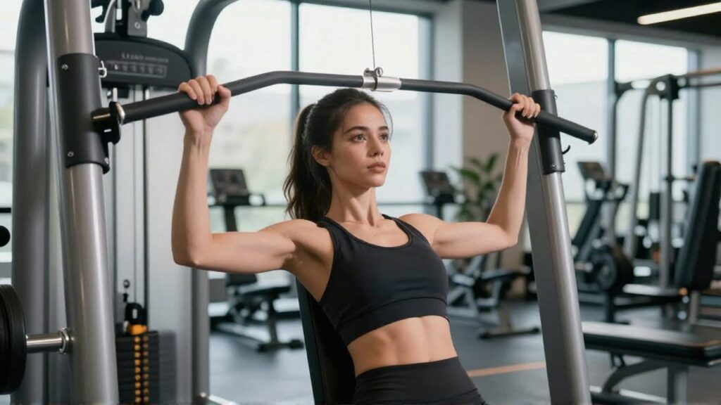 Mujer joven con ropa deportiva realizando un press de pecho en una máquina de gimnasio.