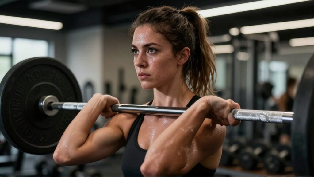 Mujer atlética con expresión concentrada sujeta una barra con magnesio en un gimnasio moderno.
