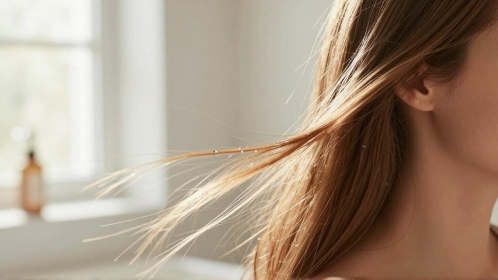 Primer plano de una mujer con cabello brillante y húmedo bajo una suave luz matutina.