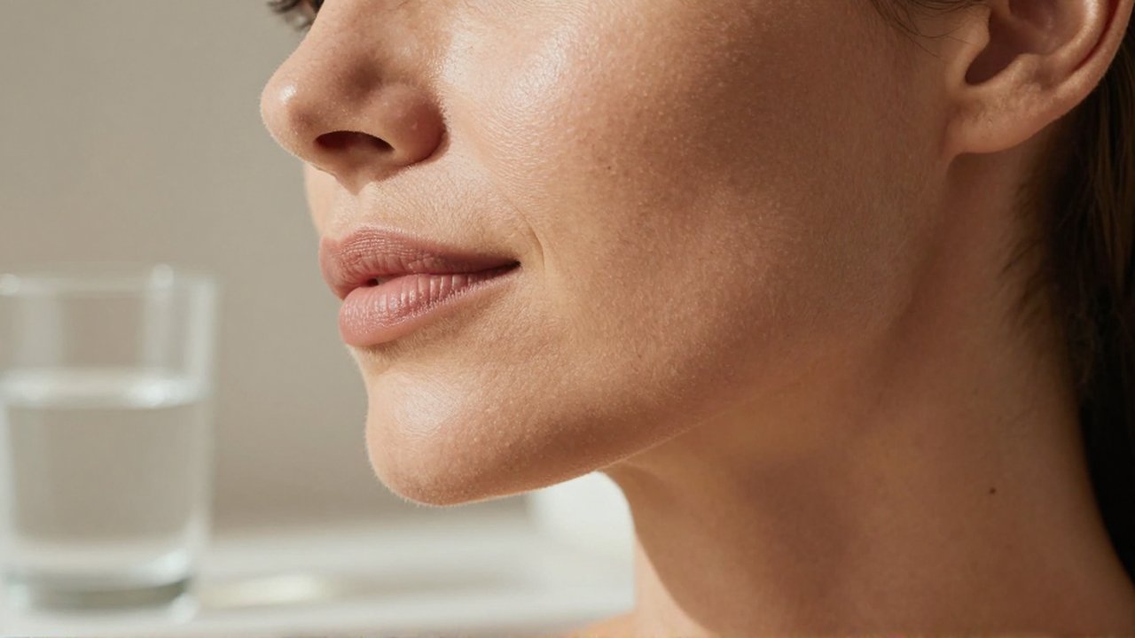 Primer plano de una mujer con la piel luminosa y expresión serena en un entorno natural.