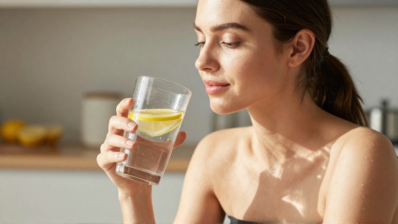 Mujer joven con piel radiante sostiene un vaso de agua con limón en una cocina iluminada.