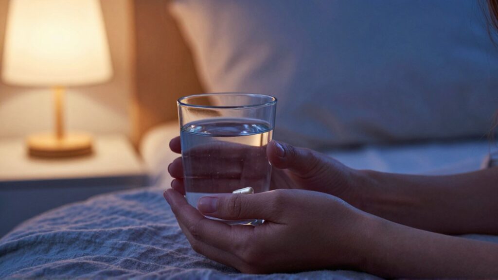 Manos de una mujer sostienen un vaso de agua con una cápsula de magnesio en un dormitorio.