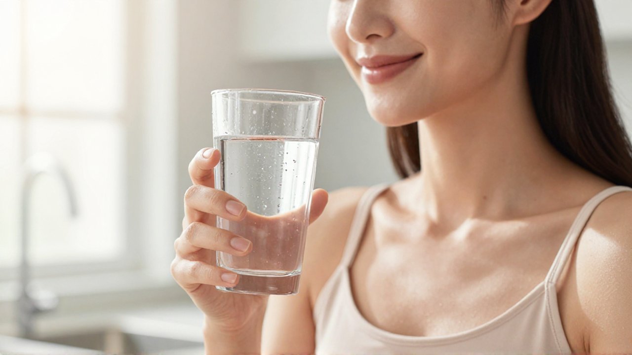 Mujer joven sonriente sosteniendo un vaso de agua fresca en una cocina iluminada por el sol.