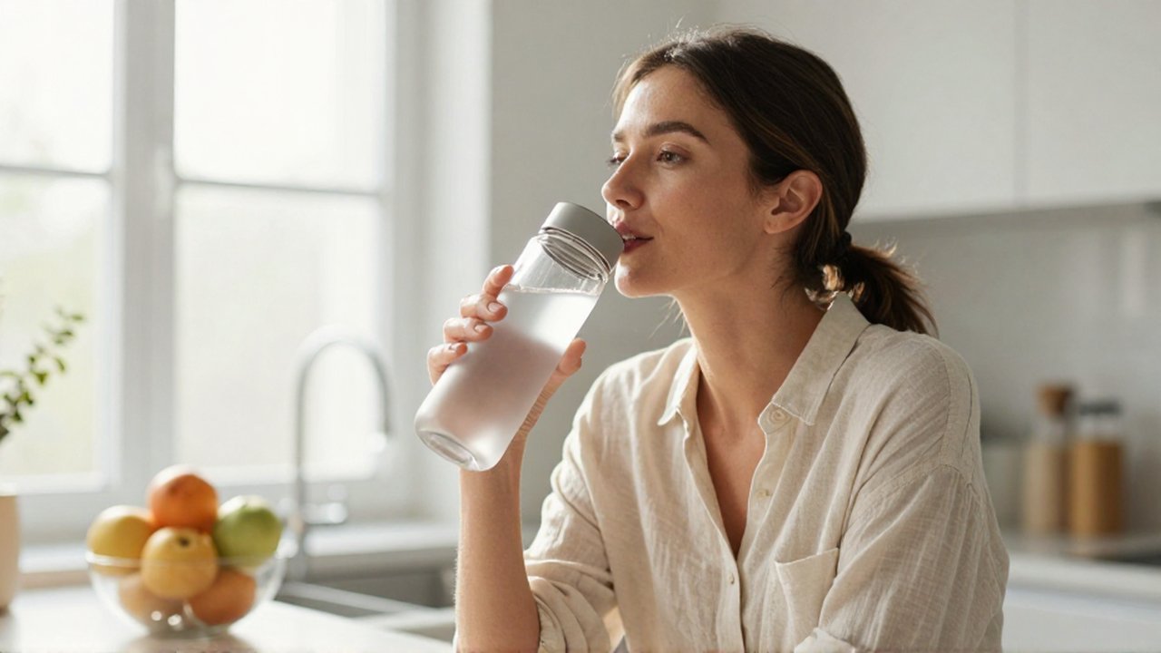 Mujer joven sentada en una cocina luminosa bebiendo agua de una botella de vidrio reutilizable.