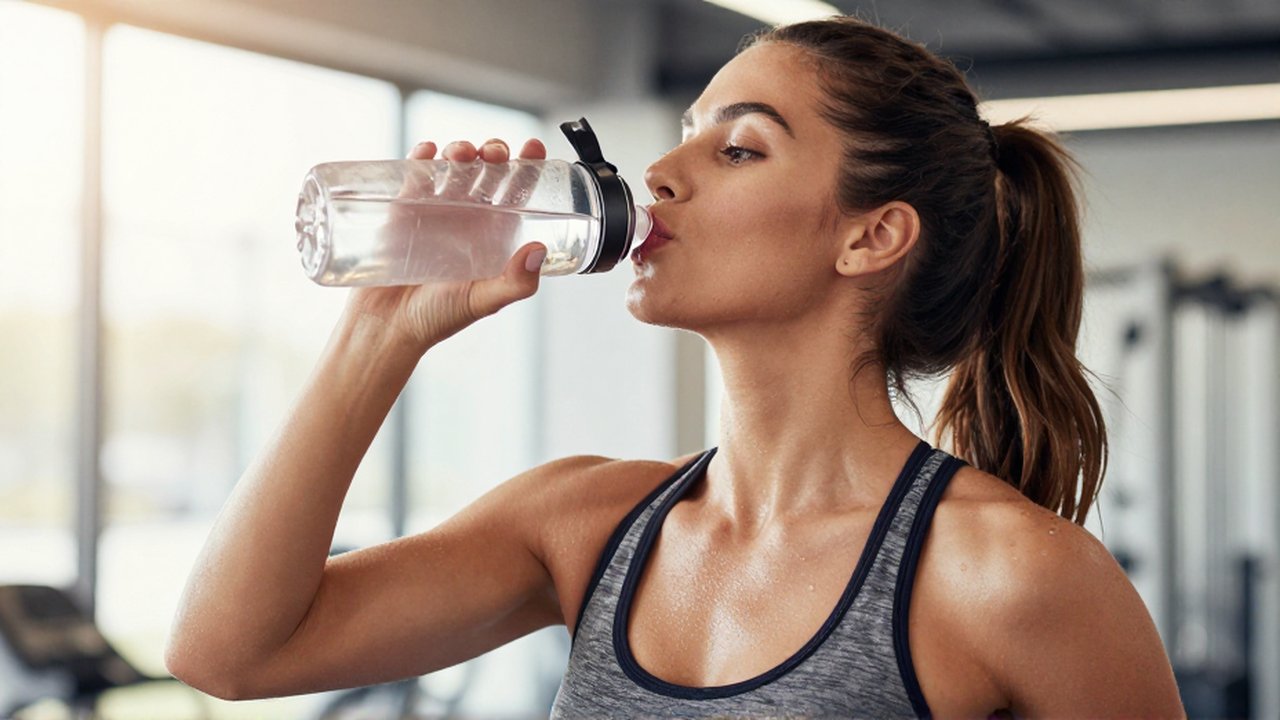 Mujer con ropa deportiva bebiendo agua de una botella reutilizable en un gimnasio luminoso.