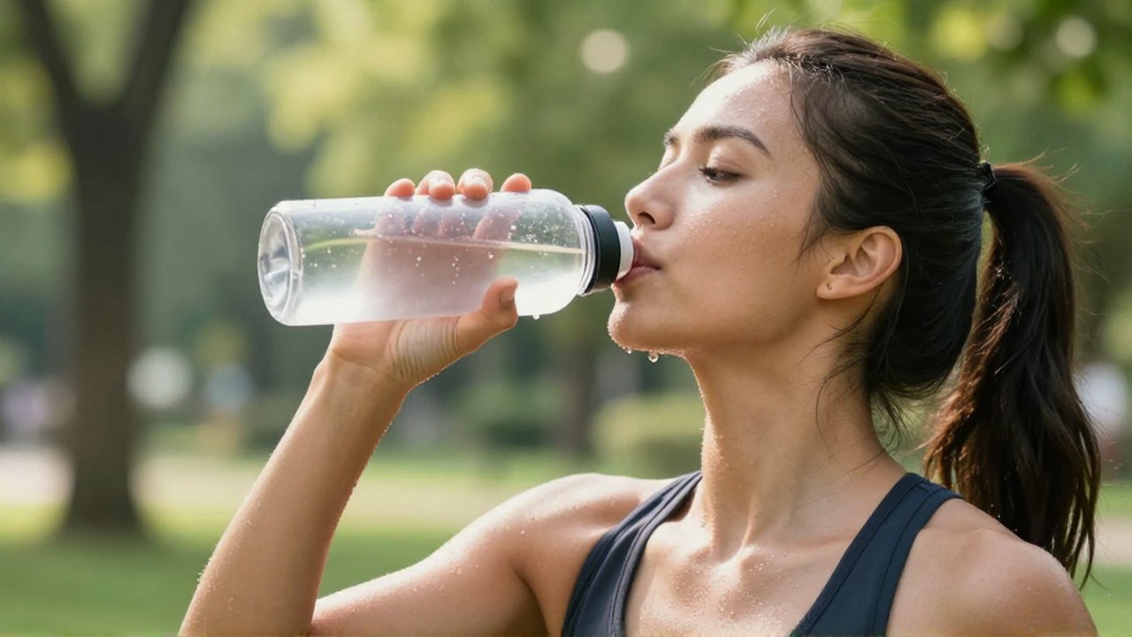 Mujer deportista bebiendo agua de una botella transparente durante un entrenamiento matutino en un parque.