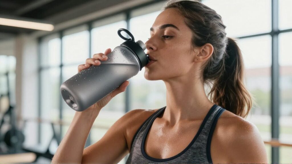 Mujer con ropa deportiva bebiendo agua de una botella reutilizable en un estudio de bienestar.