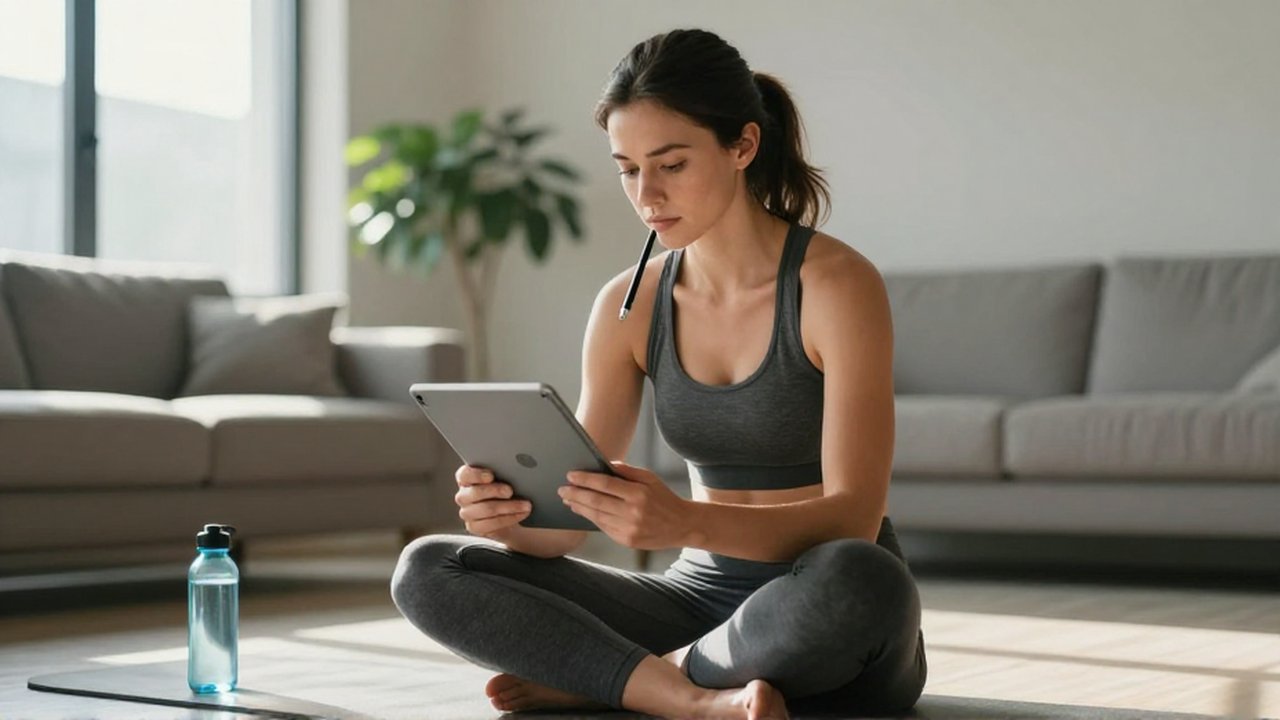 Mujer deportista sentada en una esterilla revisando su plan de entrenamiento en una tableta digital.