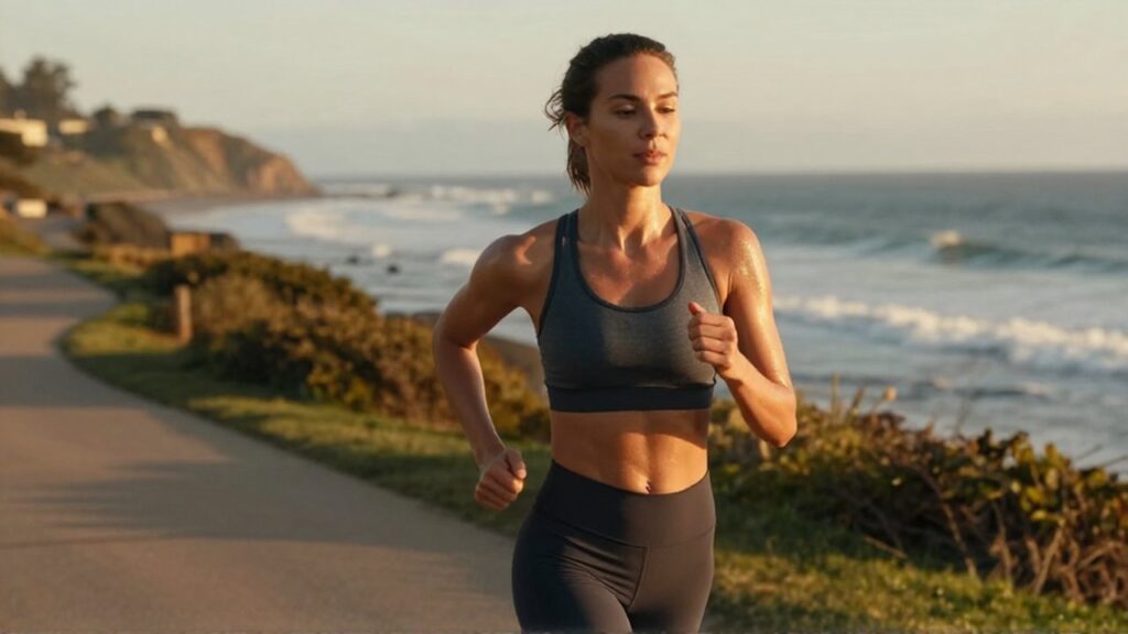 Mujer de unos treinta años corriendo por un sendero costero durante el atardecer.