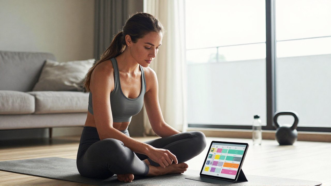 Mujer joven sentada en una esterilla de yoga consultando su plan de entrenamiento en una tableta.