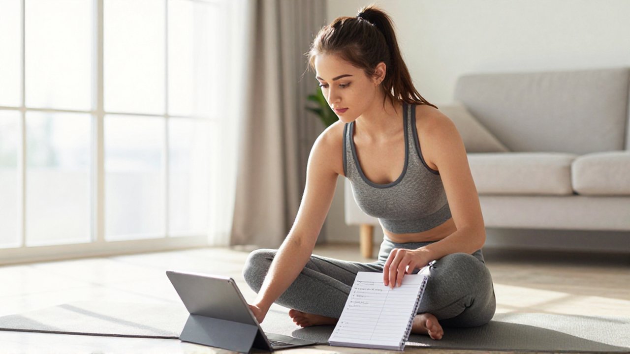 Mujer joven con ropa deportiva planificando su entrenamiento con una tableta y libreta en una sala luminosa.