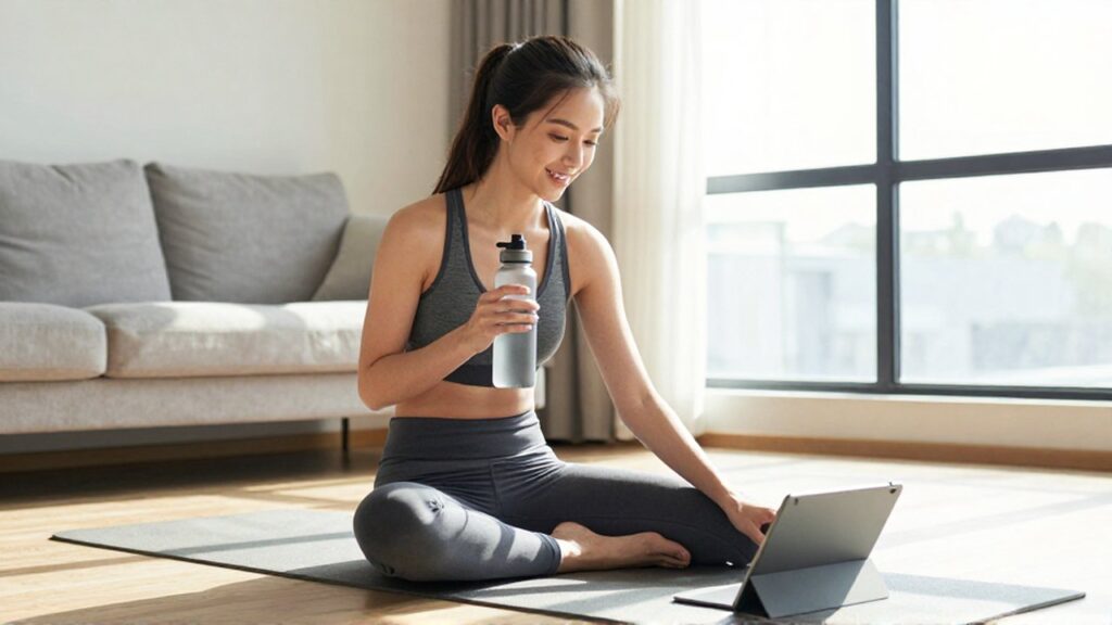 Mujer joven sentada en una esterilla de yoga sonriendo frente a una tableta en un salón luminoso.