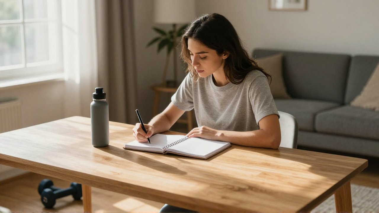 Mujer joven escribiendo en una agenda sobre un escritorio de madera en un apartamento iluminado.