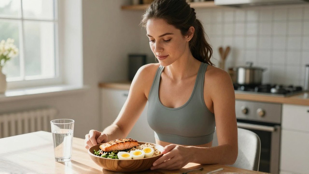 Mujer deportista desayunando un tazón de salmón, huevos y quinoa en una cocina luminosa.